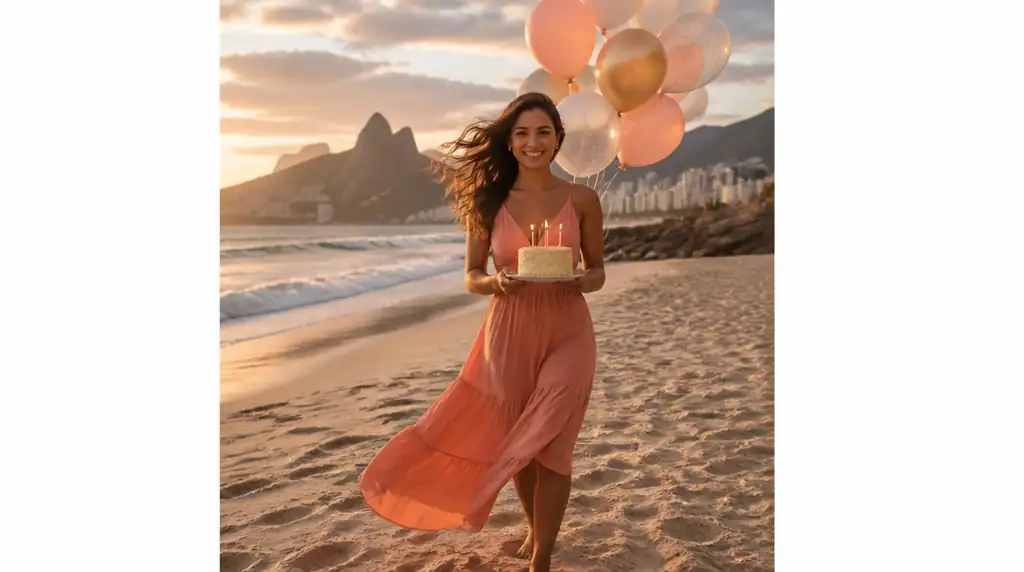 Mulher brasileira na praia ao pôr do sol segurando bolo pequeno com vela acesa