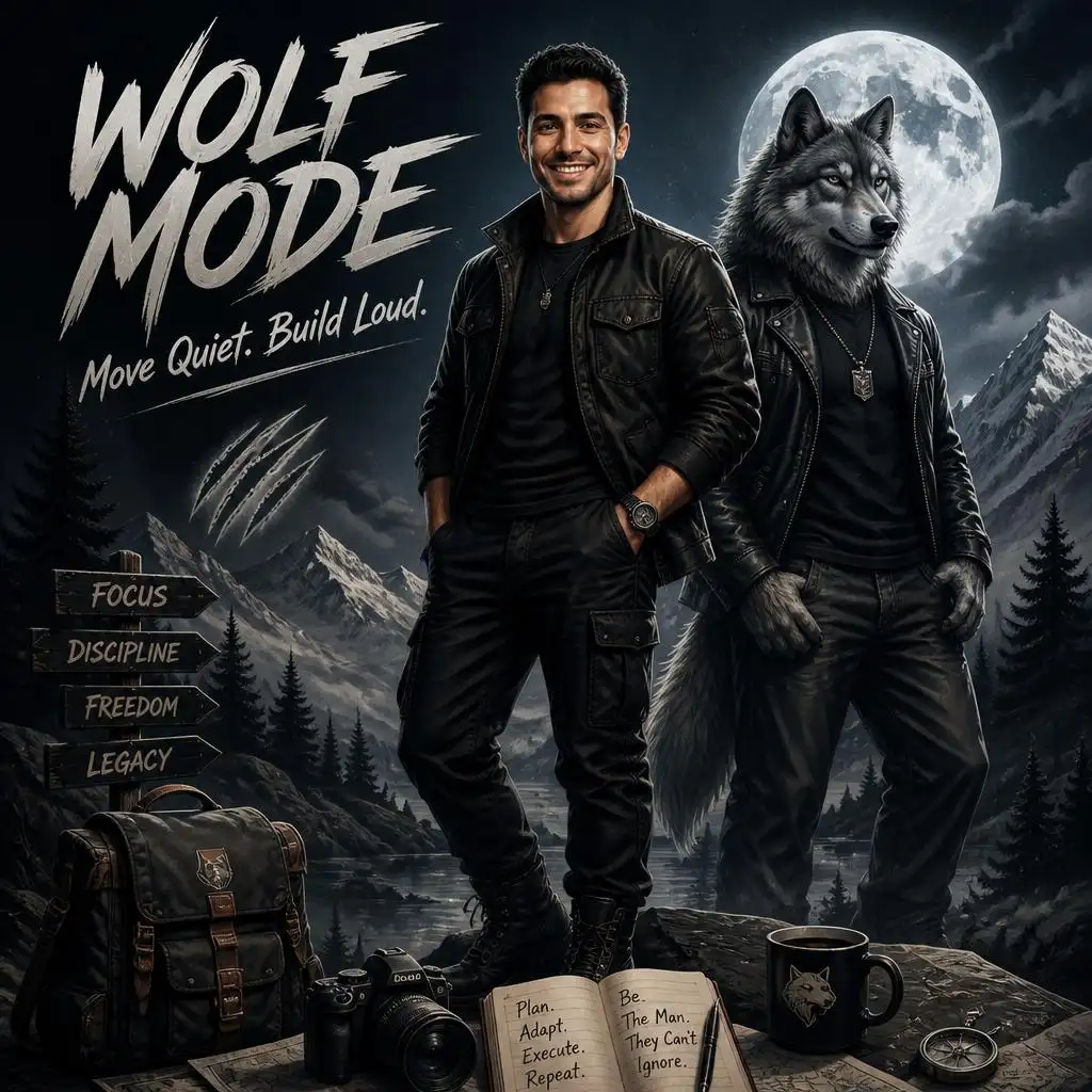 Stylish male mascot poster with a grey wolf, mountains, camera, notebook, and the text “Wolf Mode.”
