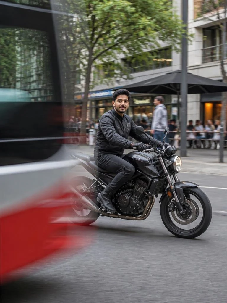 Person riding a street motorcycle through a busy city road with passing traffic buildings and realistic motion blur.