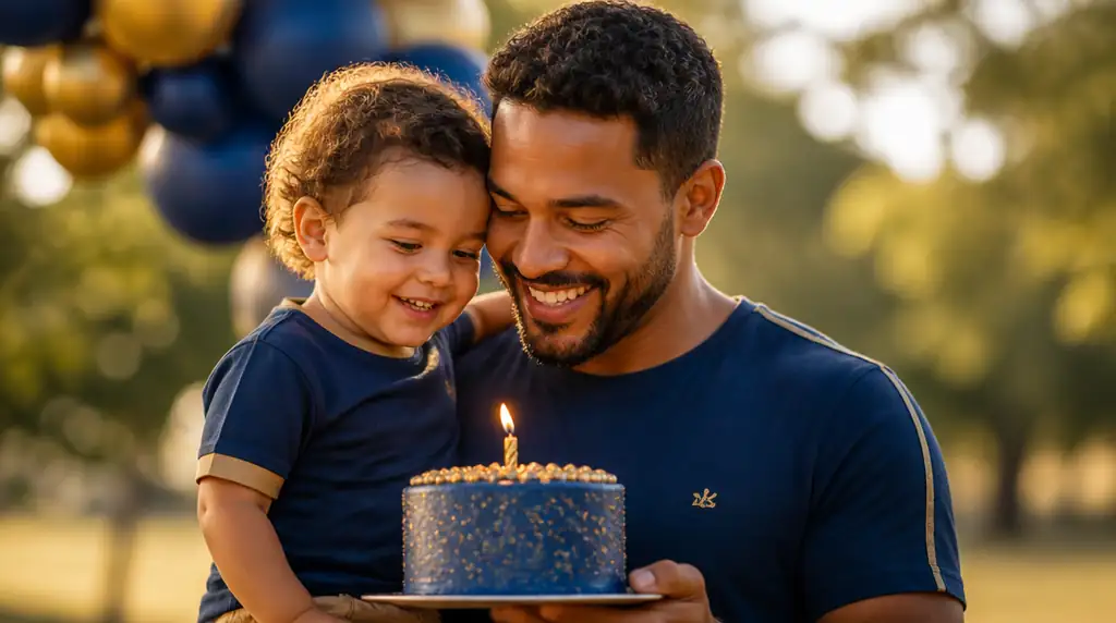 Pai ou mãe brasileiro com criança olhando bolo de aniversário aceso em parque