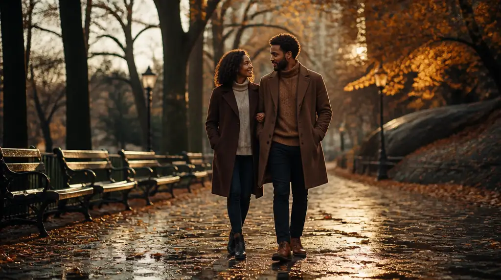 Couple walking arm in arm on a wet autumn park path with golden light reflecting off fallen leaves.