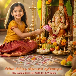 Tamil girl in a colorful silk pavadai offering a lotus flower at a Vinayagar shrine.