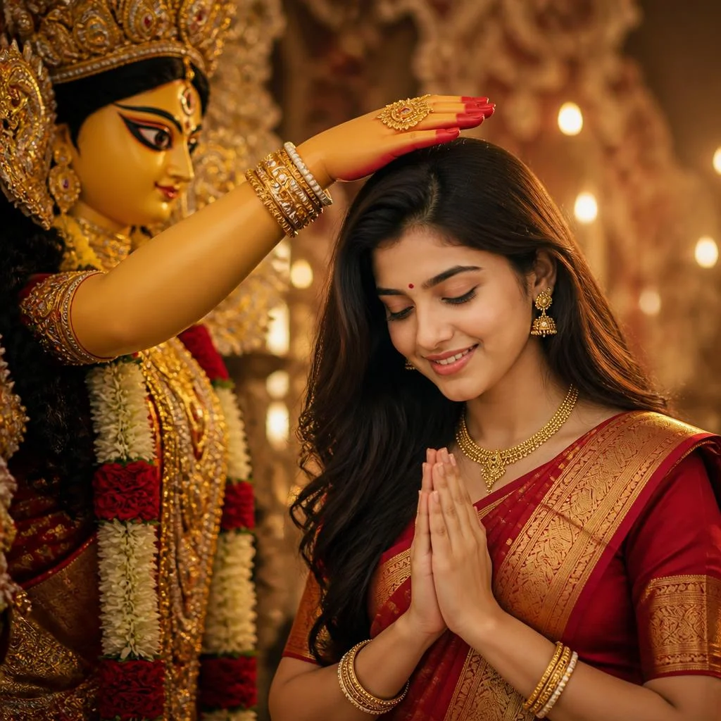 Girl receiving blessings from Goddess Durga during Durga Puja