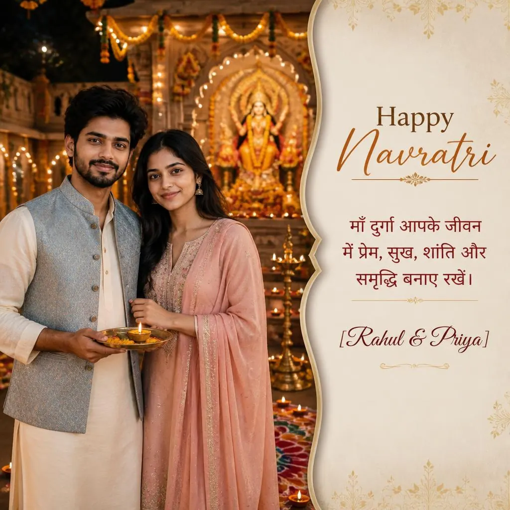 Couple in traditional Punjabi outfits celebrating Navratri at a decorated temple courtyard with diyas and marigolds.