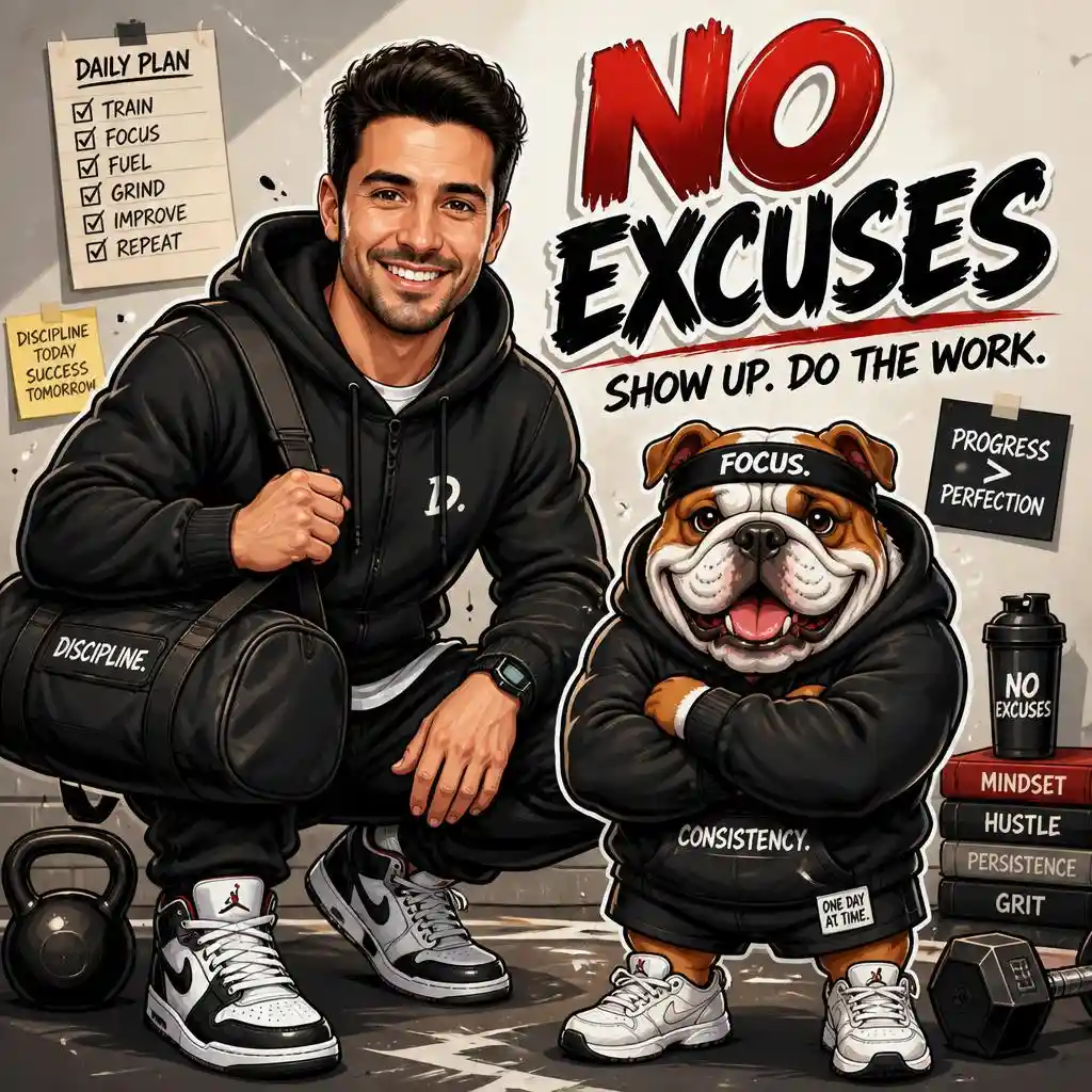 Playful male mascot poster with a bulldog, gym bag, athletic clothing, and the text “No Excuses.”