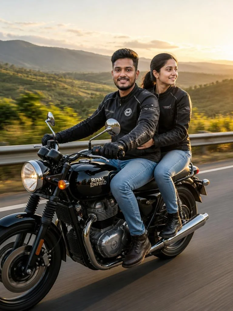 Indian couple riding together on a touring motorcycle along a scenic countryside road in warm afternoon sunlight.