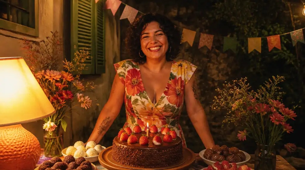 Pessoa brasileira sorrindo atrás de bolo de brigadeiro com morangos em festa de quintal