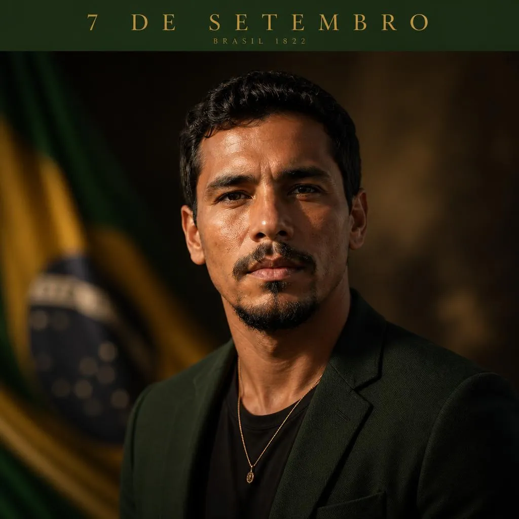 Homem brasileiro em retrato com decoração alusiva ao 7 de Setembro
