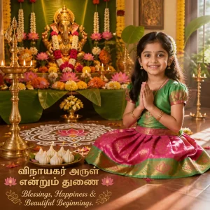 Young Tamil girl praying beside a lit brass lamp and a festive Vinayagar altar.
