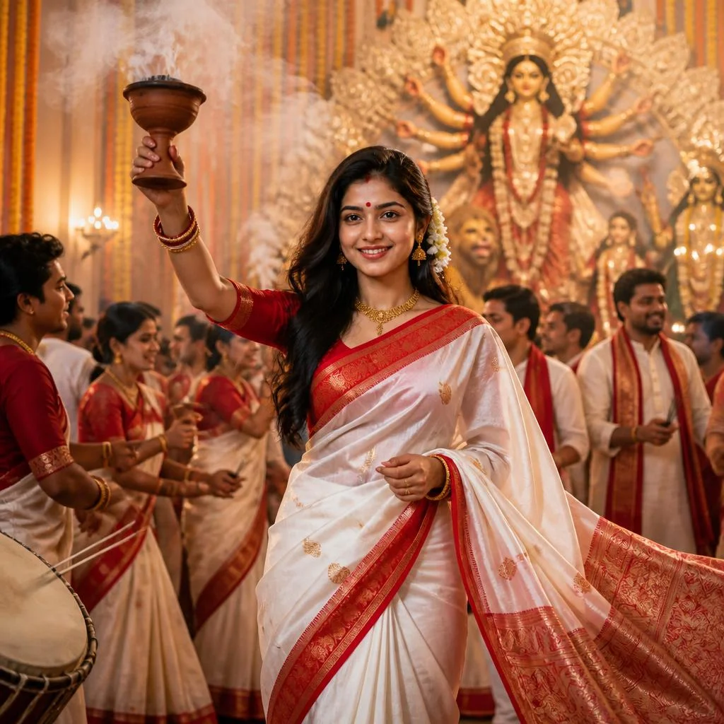 Girl performing Dhunuchi dance at a Bengali Durga Puja celebration