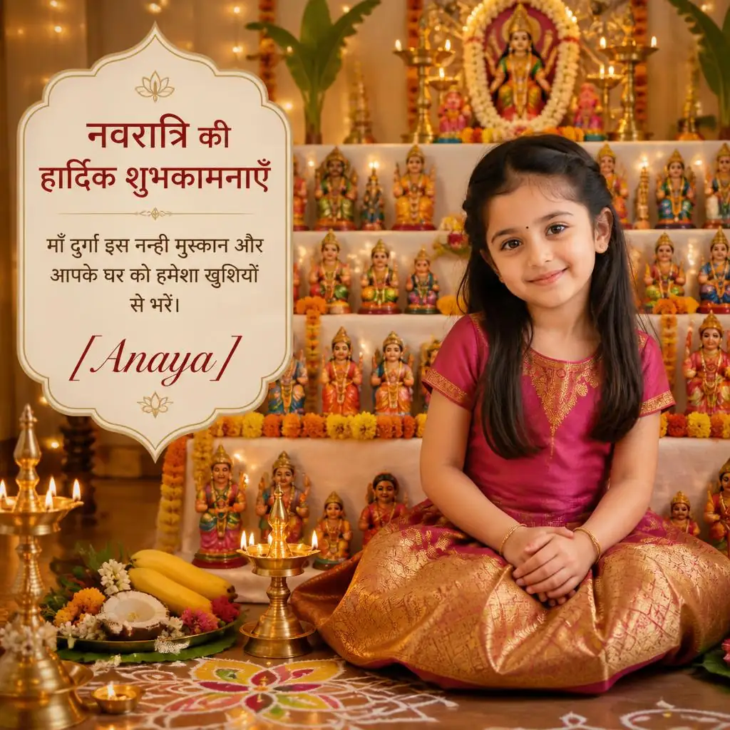Baby girl in a traditional South Indian outfit beside a colourful Tamil Nadu Navaratri Golu display.