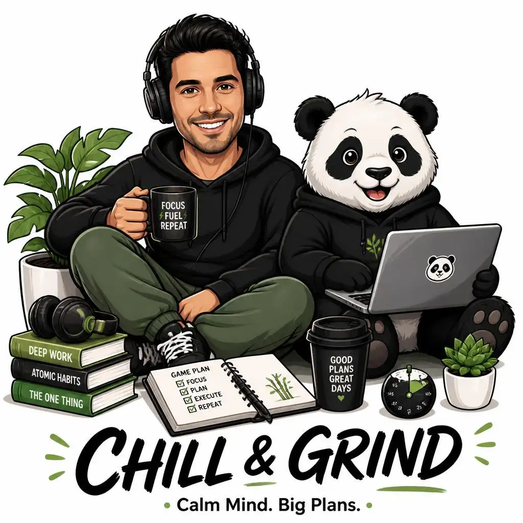 Male mascot poster with a cute panda, laptop, coffee, headphones, books, and the text “Chill & Grind.”