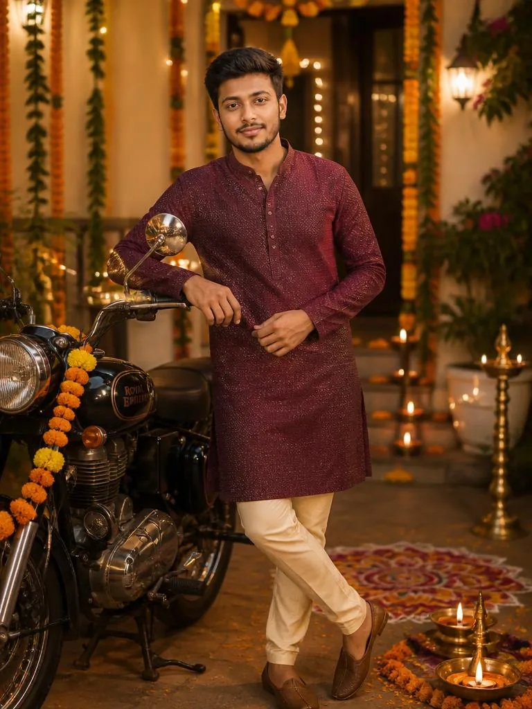 Indian person posing beside a decorated classic motorcycle in a festive courtyard with marigolds diyas and warm lights.