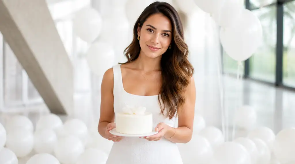 Mulher brasileira de vestido branco em sala clara cheia de balões brancos