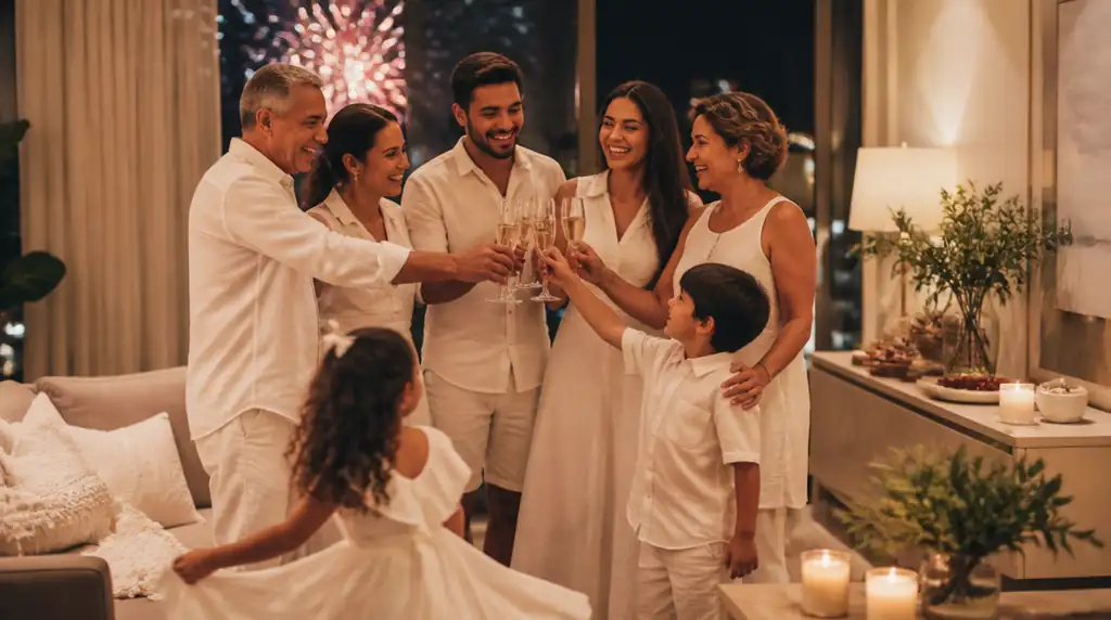 Prompt sazonal que sempre volta a bombar em dezembro — a tradição brasileira de virar o ano vestido de branco.