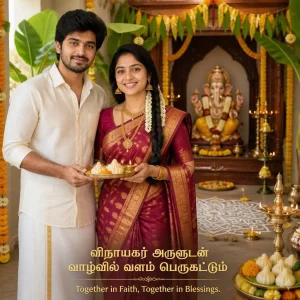 Tamil couple in traditional attire praying together beside a decorated Vinayagar shrine.