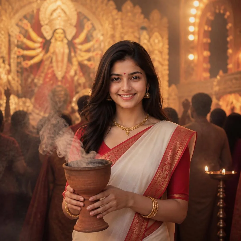 Girl holding a Dhunuchi during evening aarti at Durga Puja