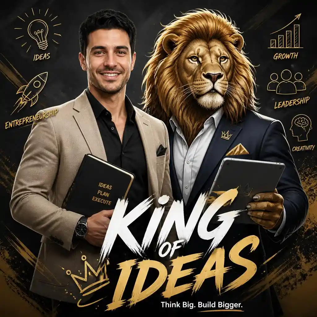 Premium male mascot poster with a confident lion, tablet, notebook, business elements, and the text “King of Ideas.”