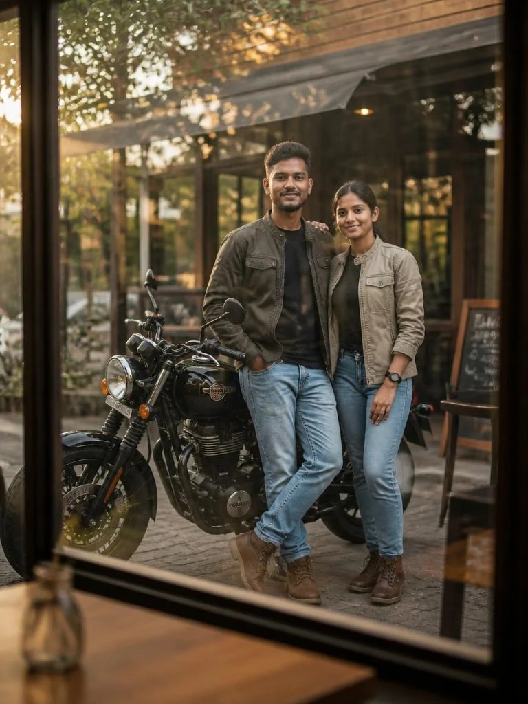 Indian person posing beside a decorated classic motorcycle in a festive courtyard with marigolds diyas and warm lights.