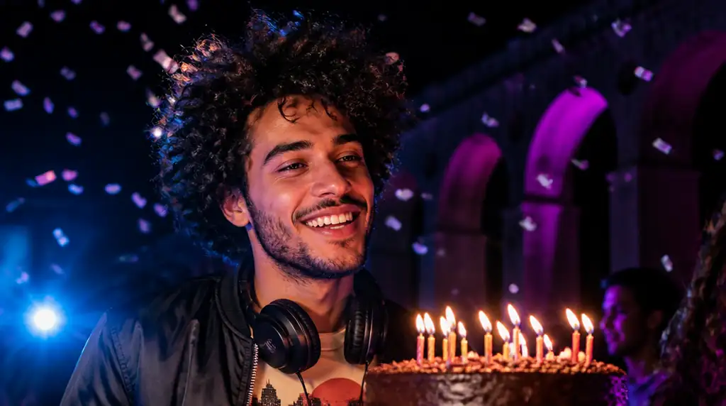 Homem brasileiro em balada com bolo de chocolate sob luz neon roxo-azul