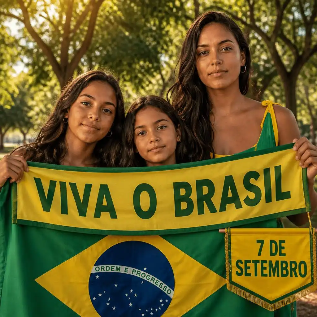 Mulher e crianças celebrando o 7 de Setembro com as cores do Brasil