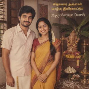 Tamil couple celebrating Vinayagar Chaturthi beside a handmade clay shrine in a vintage home.