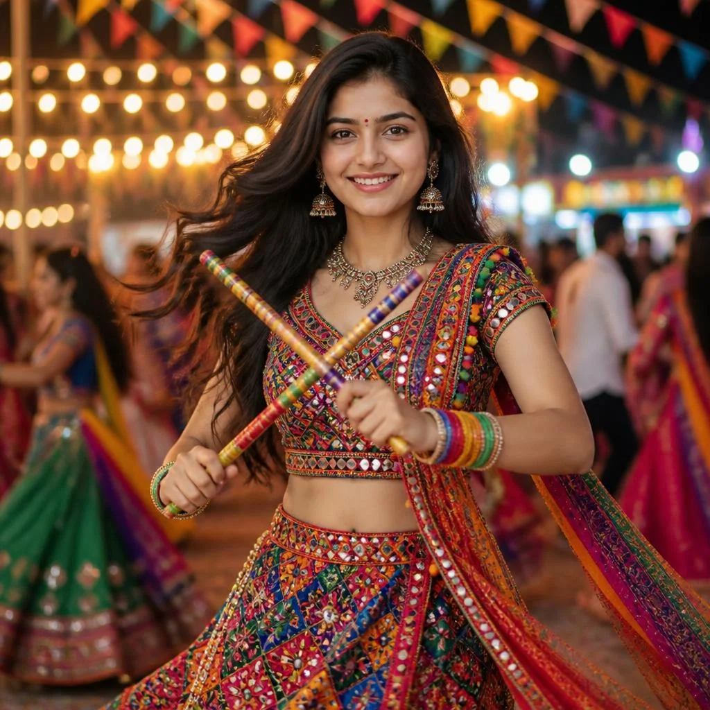 Girl in colorful Gujarati lehenga dancing with dandiya at Navratri