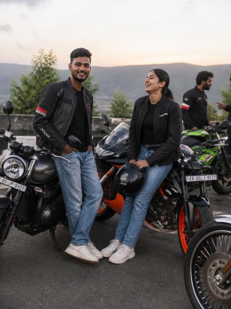 Group of friends posing casually with different motorcycles at a scenic roadside viewpoint during late afternoon.
