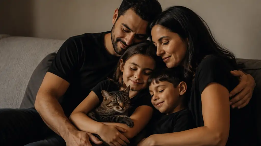 Para quem tem um gato em casa em vez de cachorro — o pet entra no colo ou no meio do abraço, sem perder o realismo do pelo.