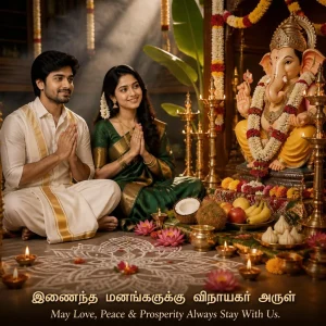 Tamil couple sitting together in prayer before a beautifully decorated Vinayagar idol.