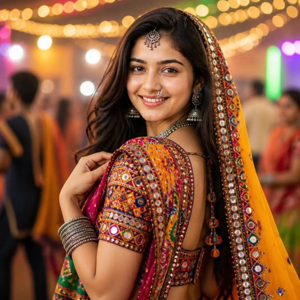 Close-up of girl in Gujarati mirror-work chaniya choli at Garba