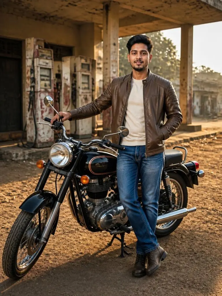 Person posing beside a black Royal Enfield style motorcycle at an old Indian roadside petrol station in morning light.
