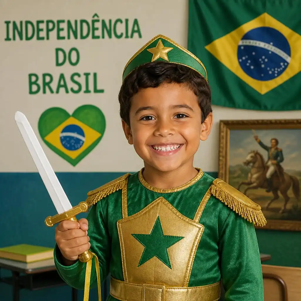 Menino segurando a bandeira do Brasil em celebração à Independência do Brasil