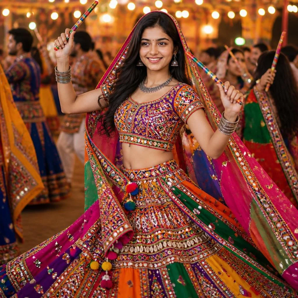 Girl in traditional Gujarati chaniya choli dancing with dandiya sticks