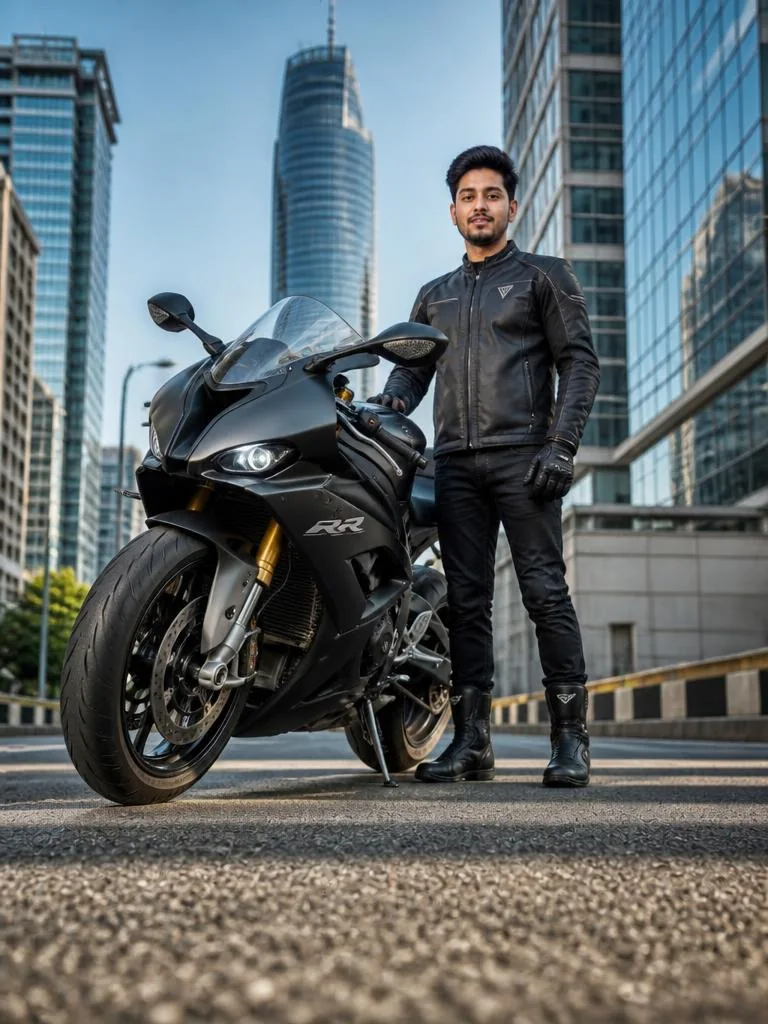 Person standing beside a high performance sports motorcycle photographed from an extreme low road level perspective.