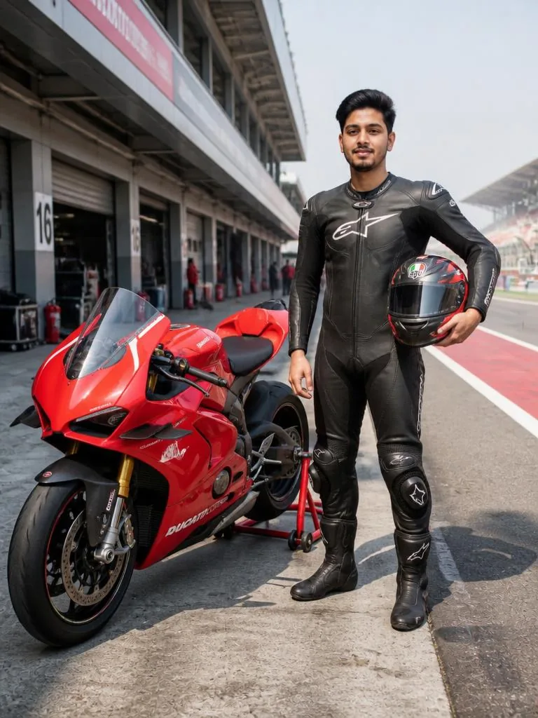 Person posing with a red superbike in a professional racetrack pit lane with realistic motorsport styling and details.