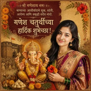 Woman in a traditional Paithani saree standing beside Ganpati Bappa in a vintage Pune-inspired festive poster