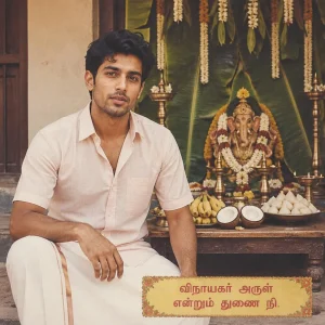 Tamil man in traditional attire celebrating Vinayagar Chaturthi beside a vintage home shrine.