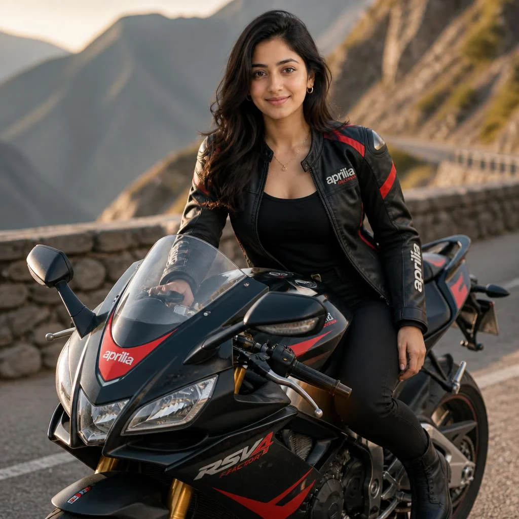 hotorealistic female motorcycle editorial featuring a young woman sitting naturally on an Aprilia RSV4 Factory. Black-and-red riding jacket, fitted black top, dark trousers and boots. Scenic mountain road, golden-hour light, natural body language, realistic skin texture, detailed motorcycle and premium DSLR photography. Exact Aprilia RSV4 Factory only.