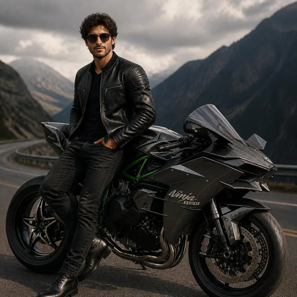 Photorealistic cinematic motorcycle portrait of a confident young male model posing beside a Kawasaki Ninja H2R. Black leather jacket, dark trousers, boots and sunglasses. Dramatic mountain road, cloudy sky, warm directional sunlight, natural masculine pose, full motorcycle clearly visible, realistic reflections and materials, shallow background blur, premium motorcycle editorial photography. Exact Kawasaki Ninja H2R only.