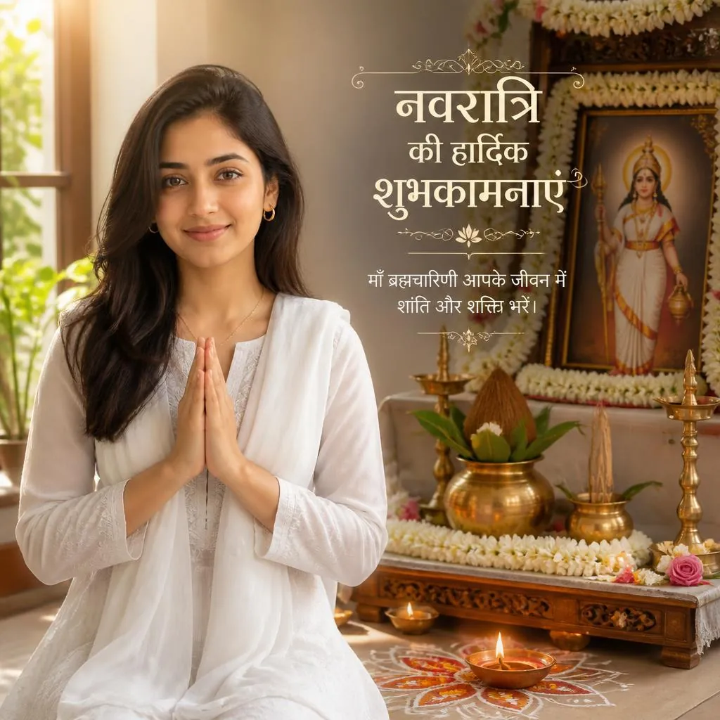 Woman in white traditional clothing praying beside a decorated Maharashtra-inspired Navratri home shrine.
