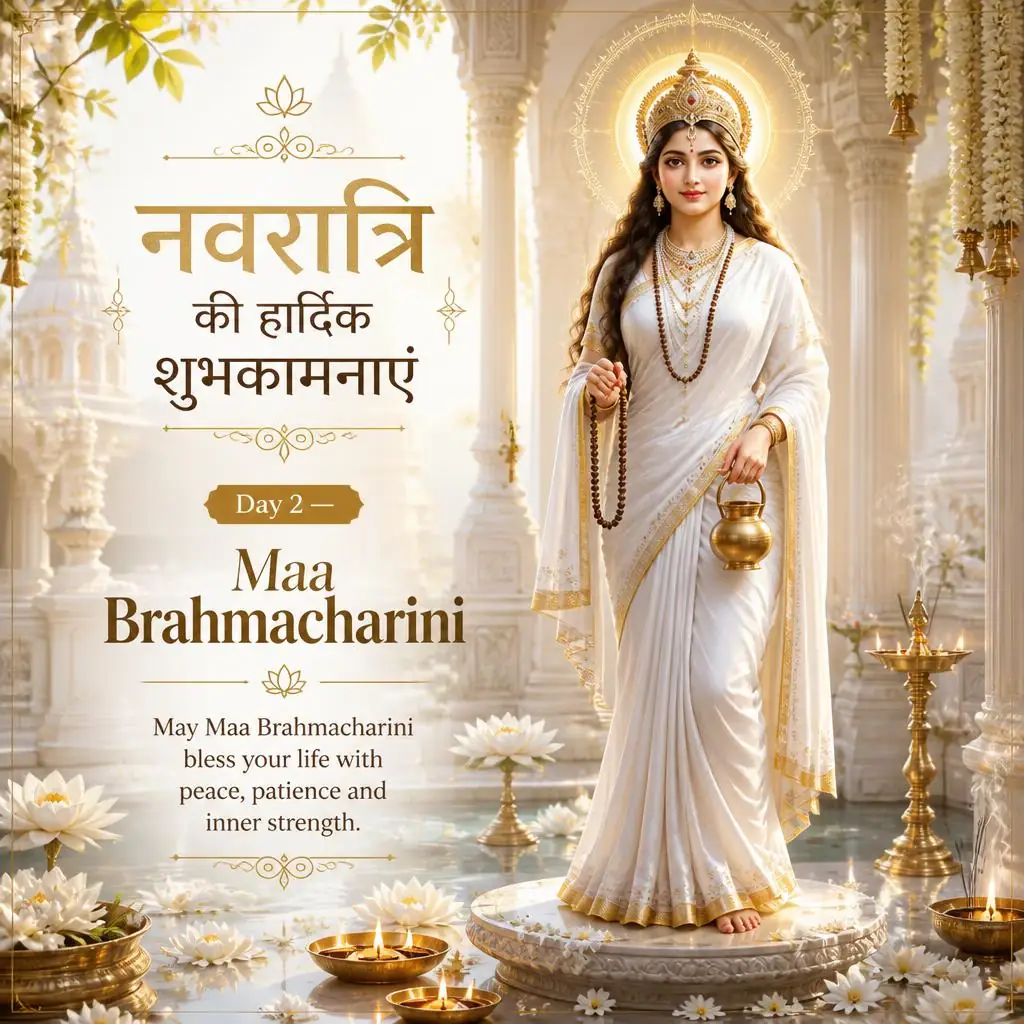 Maa Brahmacharini in white divine clothing with a rudraksha mala and kamandalu in a peaceful temple.