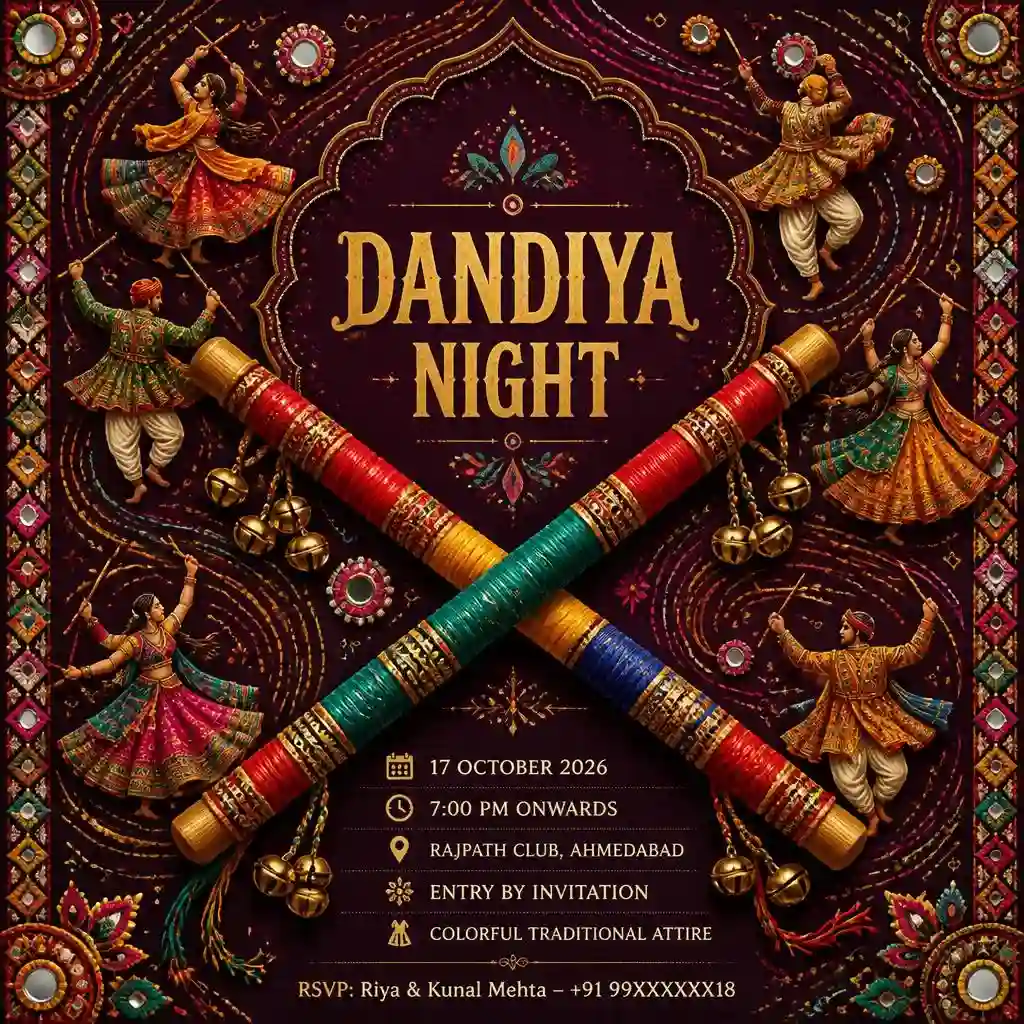 Dandiya night invitation with colorful dandiya sticks, folk-art dancers, and festive Gujarati decorations