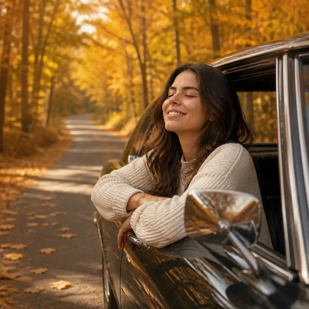 Person leaning from a vintage car window on a quiet road surrounded by golden fall trees
