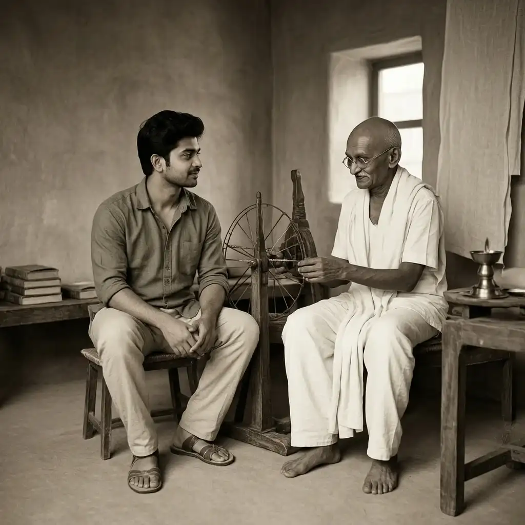 Person sitting beside Mahatma Gandhi Ji near a traditional wooden charkha in an ashram room.