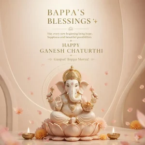Minimal pastel 3D Ganesha with champagne-gold accents, lotus petals, diyas and a soft festive background.