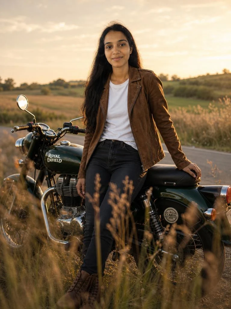 Person posing beside a green motorcycle on a countryside road during warm golden hour with soft grass in the foreground.