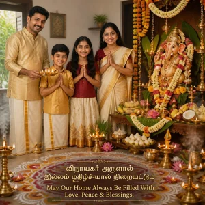 Tamil family gathered around a decorated Vinayagar altar during a traditional aarti celebration.