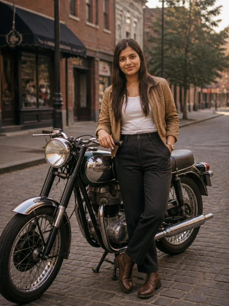 Person posing beside a vintage style motorcycle on an old town street with a subtle nostalgic analog film appearance.