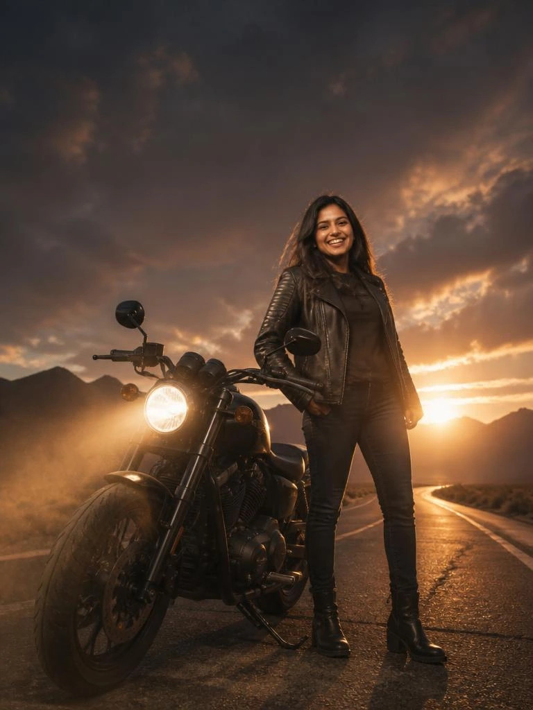 Person standing beside a powerful black motorcycle on a desert highway in a dramatic cinematic movie poster scene.